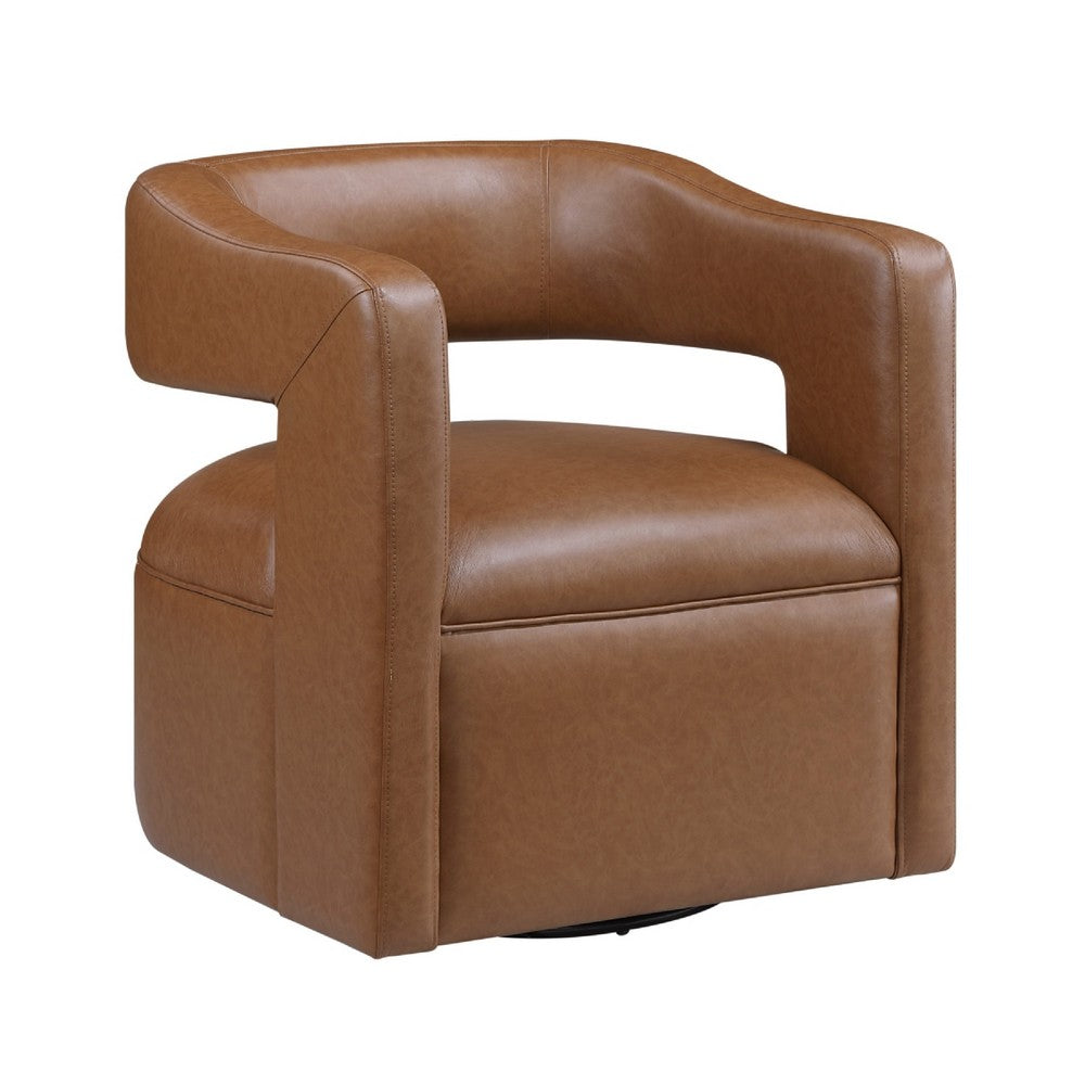 Cera Swivel Chair, Barrel Back, Camel Brown Faux Leather Upholstery