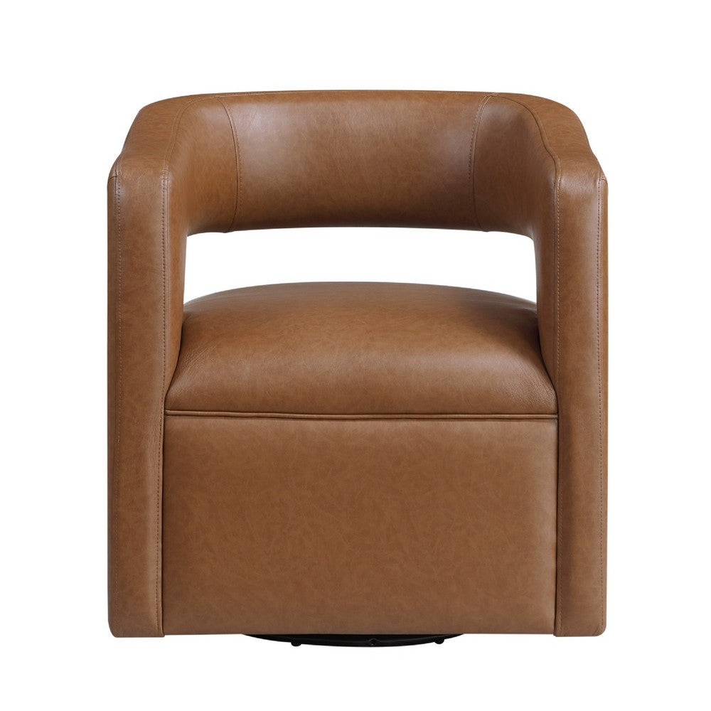 Cera Swivel Chair, Barrel Back, Camel Brown Faux Leather Upholstery