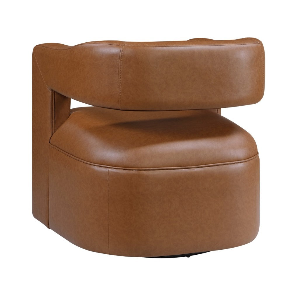 Cera Swivel Chair, Barrel Back, Camel Brown Faux Leather Upholstery