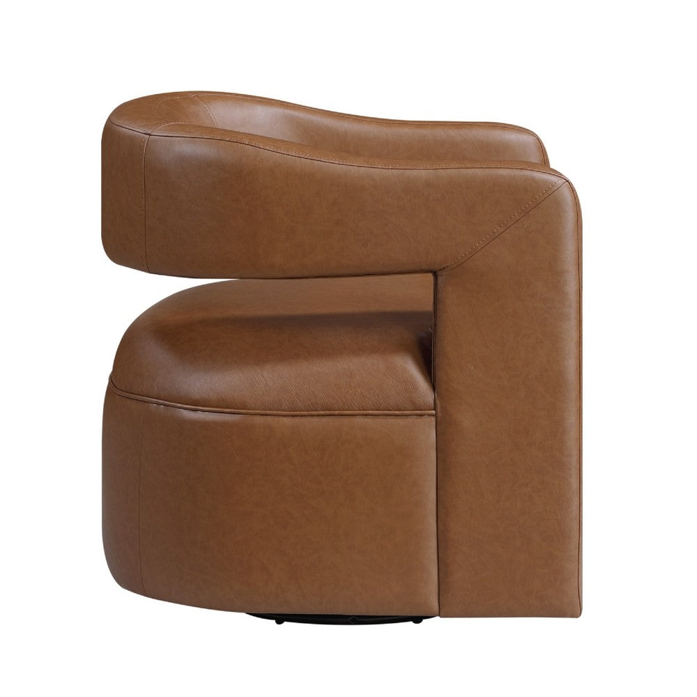 Cera Swivel Chair, Barrel Back, Camel Brown Faux Leather Upholstery