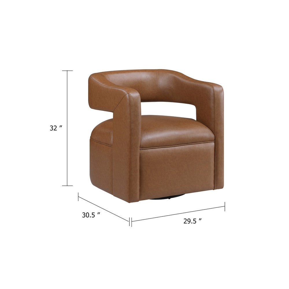 Cera Swivel Chair, Barrel Back, Camel Brown Faux Leather Upholstery