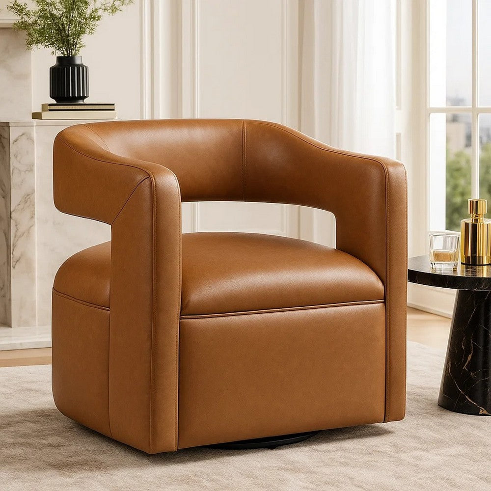 Cera Swivel Chair, Barrel Back, Camel Brown Faux Leather Upholstery