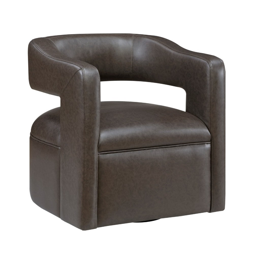 Cera Swivel Chair, Barrel Back, Coffee Brown Faux Leather Upholstery