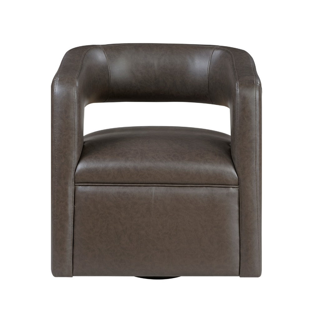 Cera Swivel Chair, Barrel Back, Coffee Brown Faux Leather Upholstery