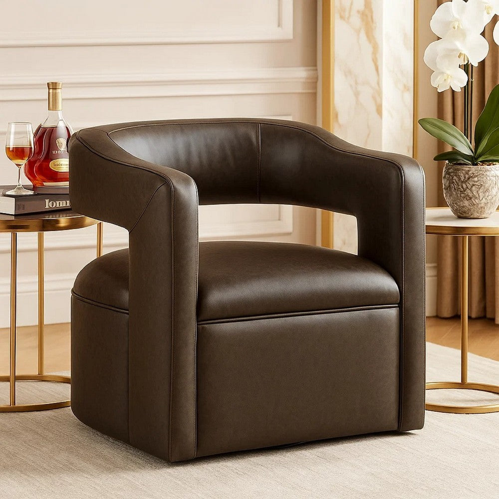 Cera Swivel Chair, Barrel Back, Coffee Brown Faux Leather Upholstery