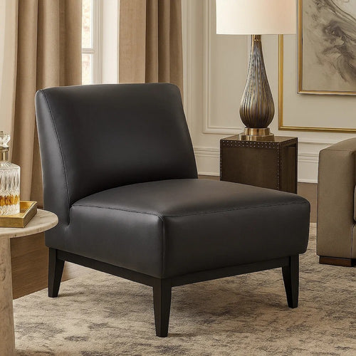 Hoy Accent Chair, Top Grain Leather Cushions, Black Solid Wood Legs