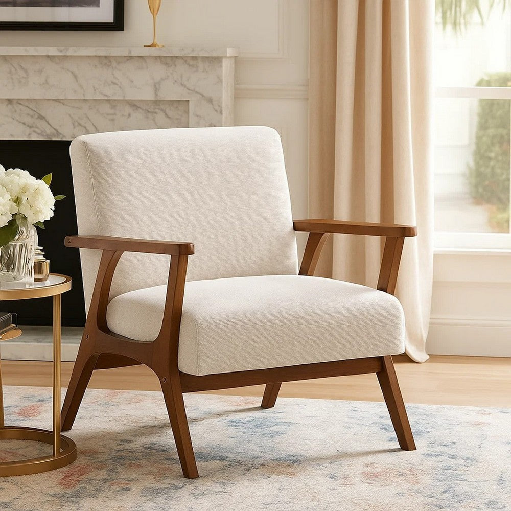 Ary Armchair, Beige Chenille Cushion, Chestnut Brown Solid Rubberwood