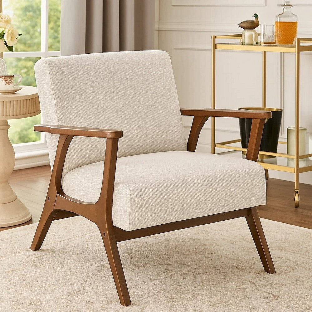 Ary Armchair, Beige Chenille Cushion, Chestnut Brown Solid Rubberwood