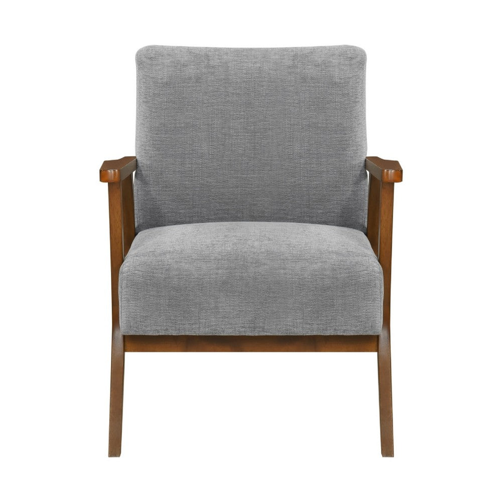 Ary Armchair, Gray Chenille Cushion, Chestnut Brown Solid Rubberwood
