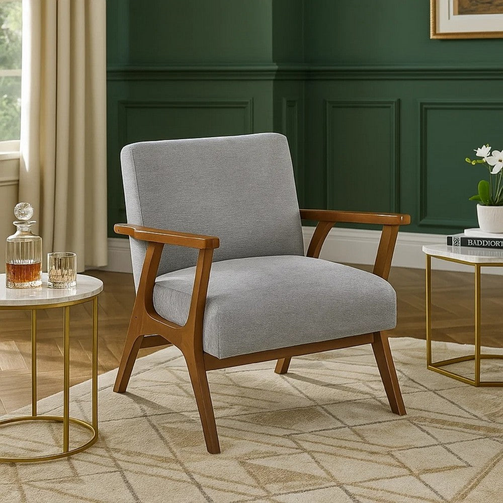Ary Armchair, Gray Chenille Cushion, Chestnut Brown Solid Rubberwood