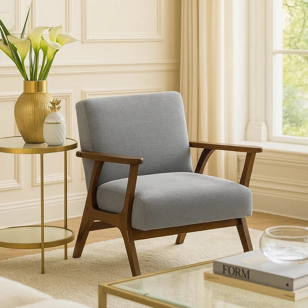 Ary Armchair, Gray Chenille Cushion, Chestnut Brown Solid Rubberwood