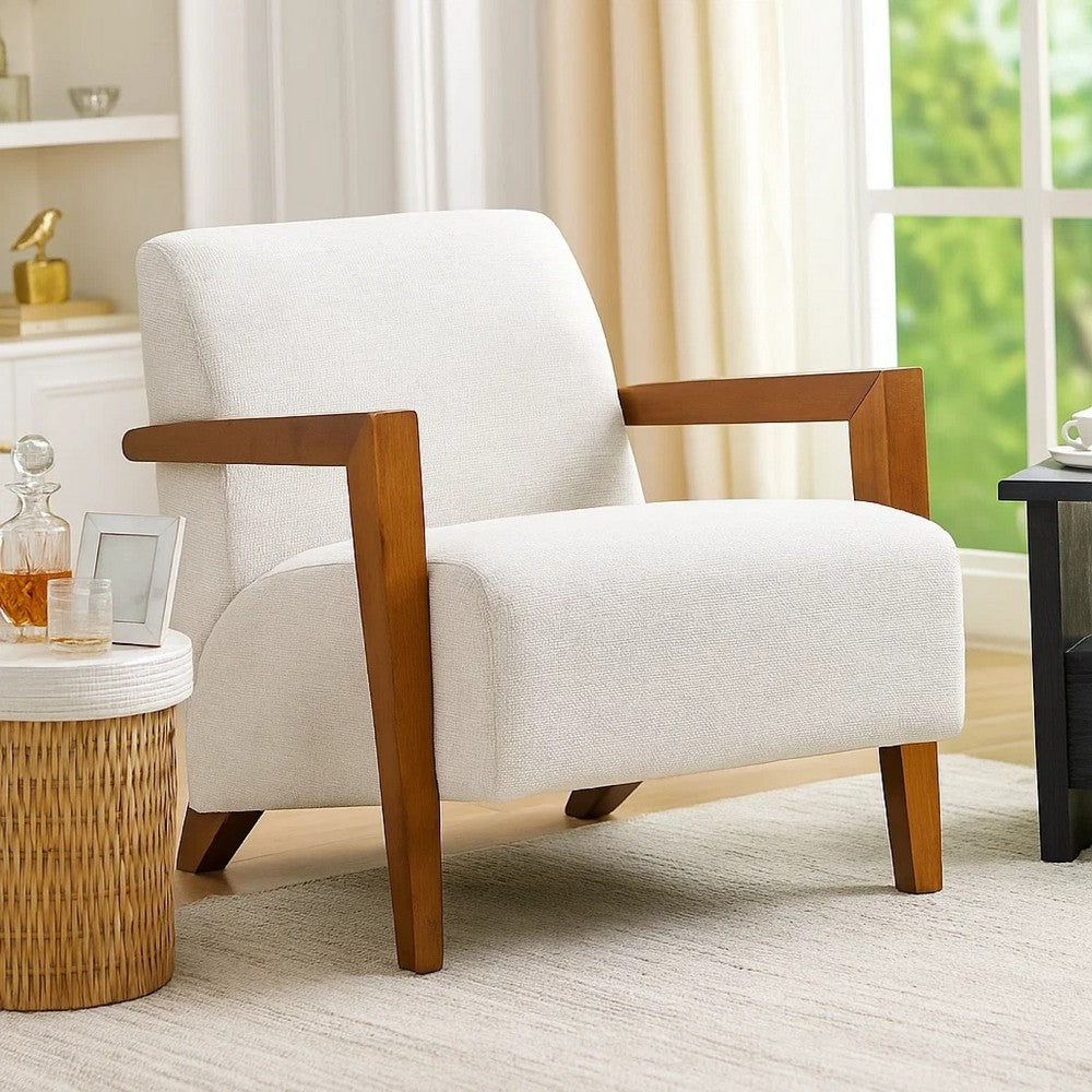 Demy Accent Armchair, Beige Chenille Cushion, Chestnut Brown Solid Wood