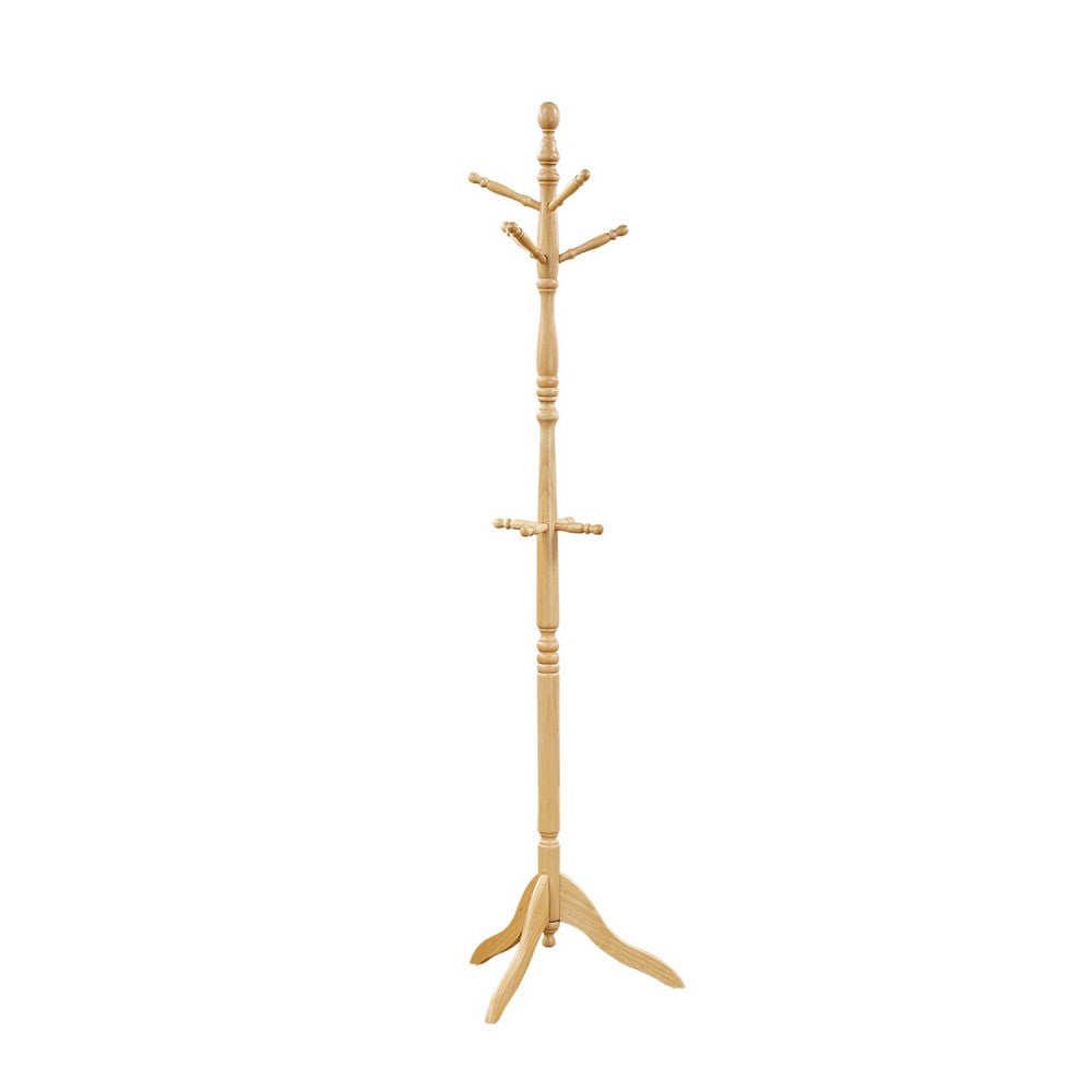 Moy 3 Tier Coat Rack w 10 Hooks | 72" Natural Brown Solid Wood