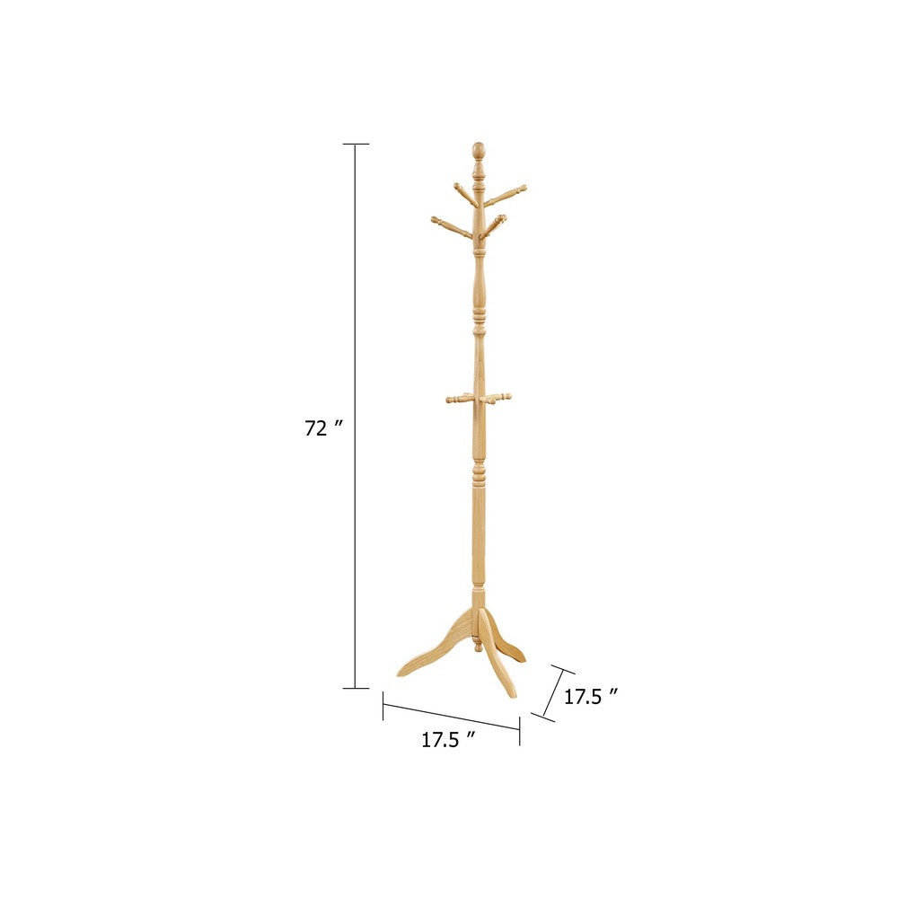 Moy 3 Tier Coat Rack w 10 Hooks | 72" Natural Brown Solid Wood