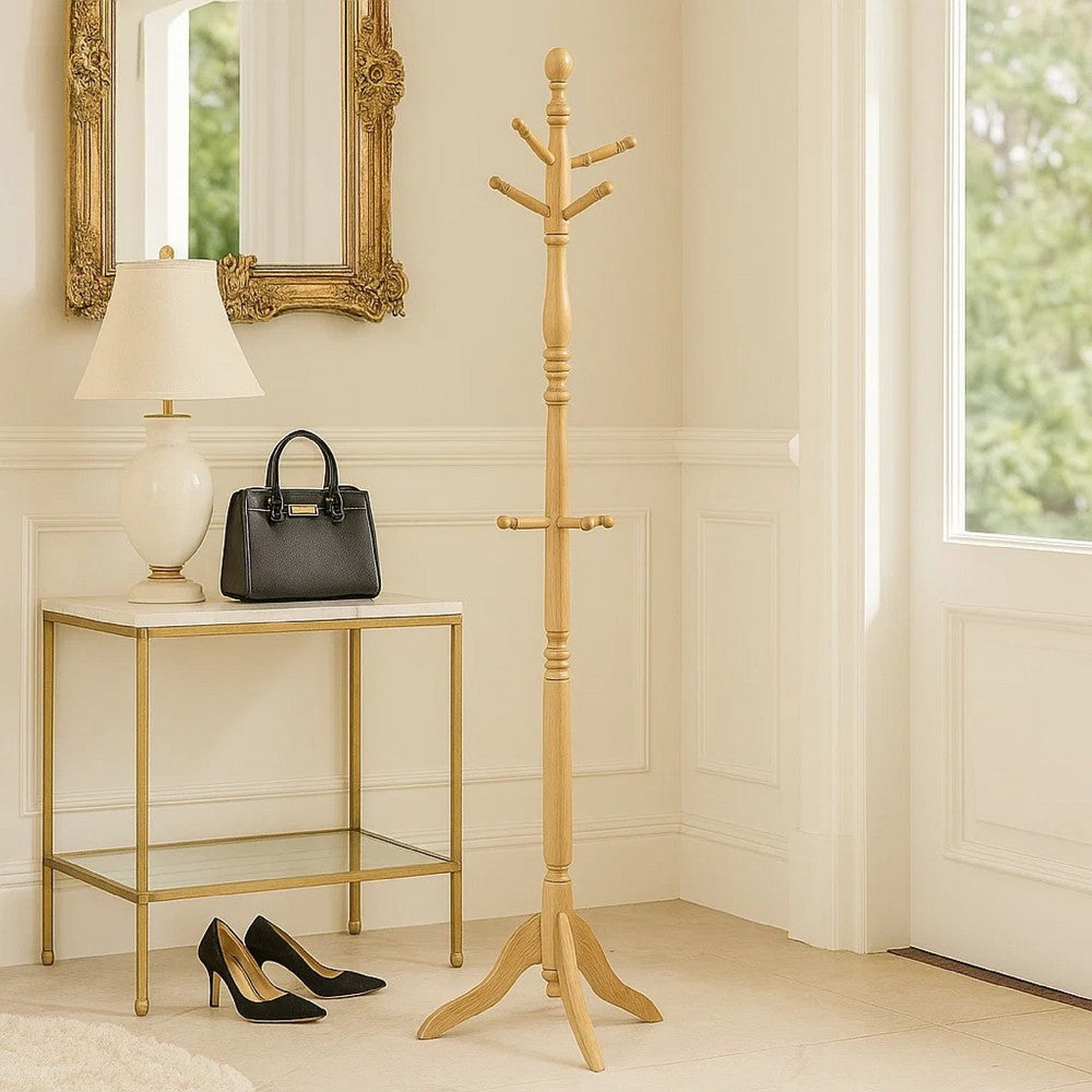 Moy 3 Tier Coat Rack w 10 Hooks | 72" Natural Brown Solid Wood