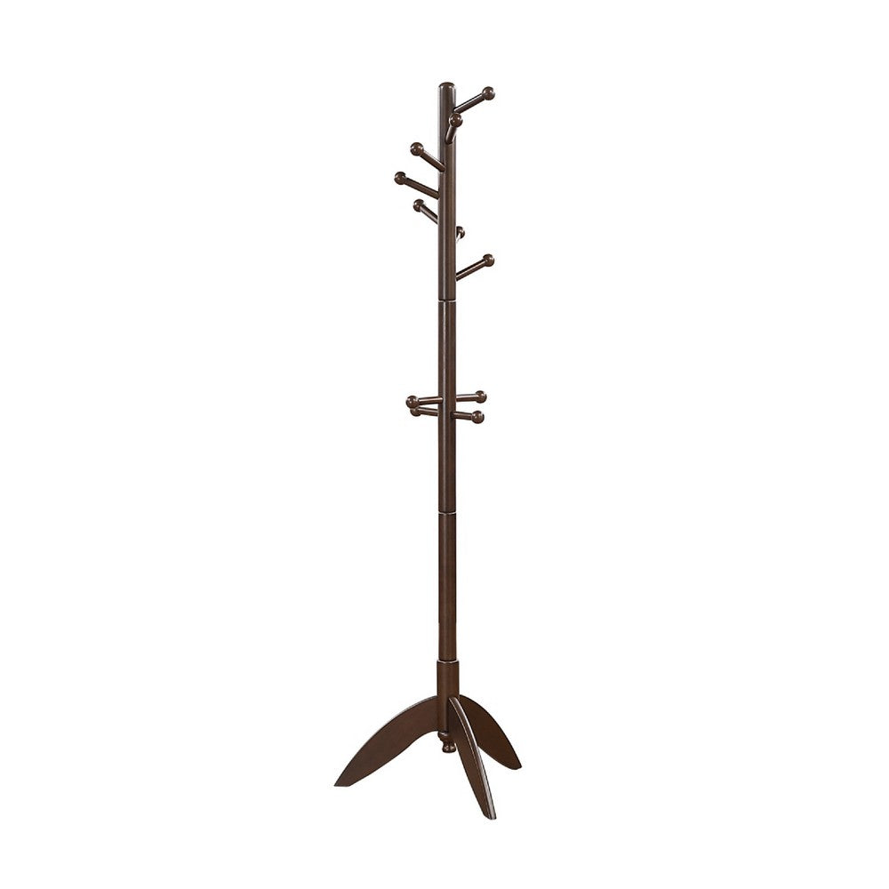 Pon 7 Tier Coat Rack w 11 Hooks and Tripod Base | 70" Dark Brown
