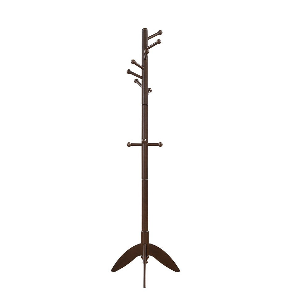 Pon 7 Tier Coat Rack w 11 Hooks and Tripod Base | 70" Dark Brown