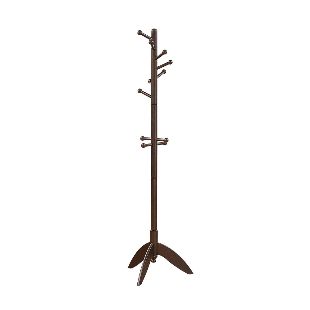 Pon 7 Tier Coat Rack w 11 Hooks and Tripod Base | 70" Dark Brown