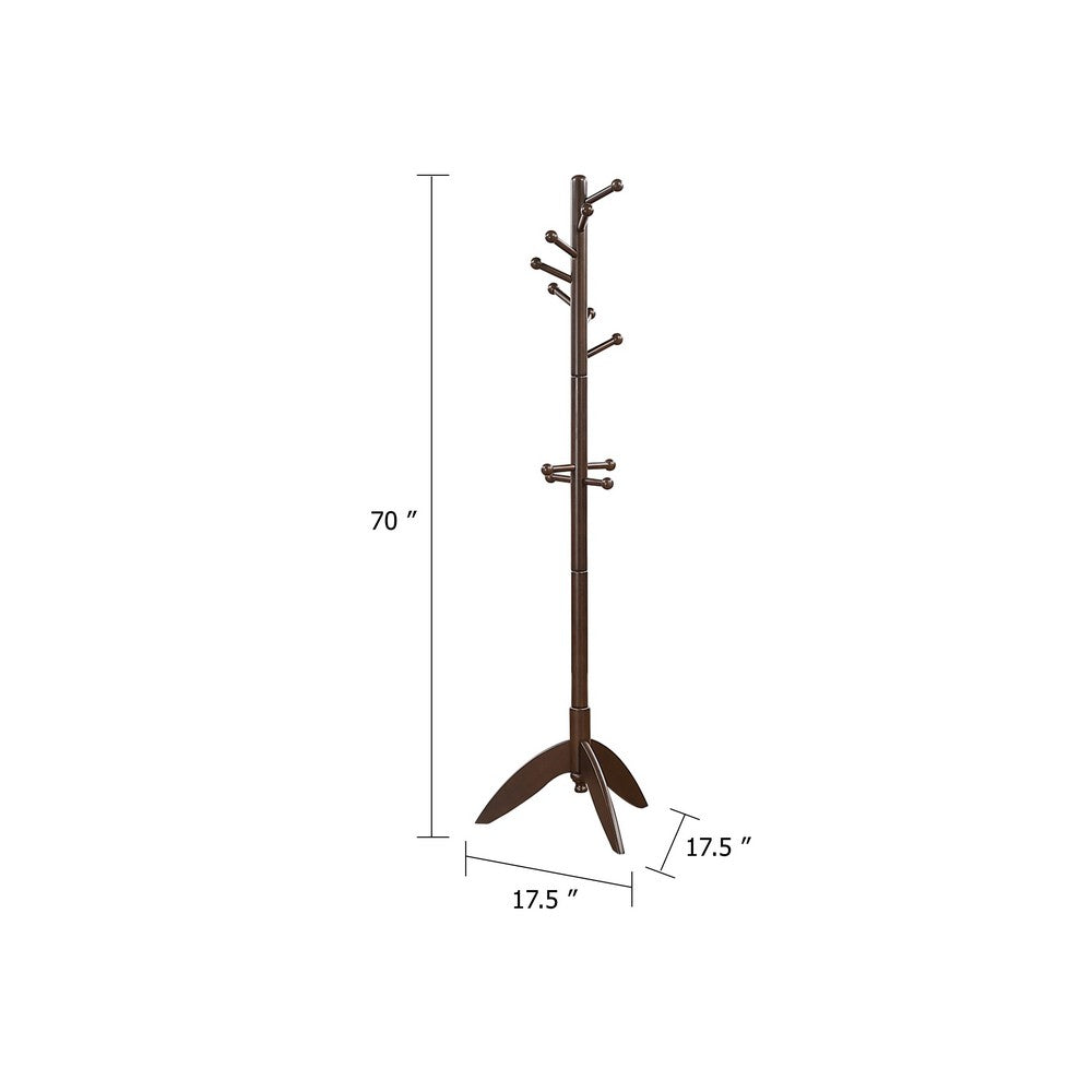 Pon 7 Tier Coat Rack w 11 Hooks and Tripod Base | 70" Dark Brown