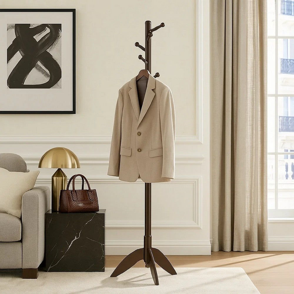 Pon 7 Tier Coat Rack w 11 Hooks and Tripod Base | 70" Dark Brown