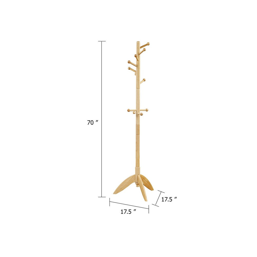 Pon 7 Tier Coat Rack w 11 Hooks and Tripod Base | 70" Natural Brown