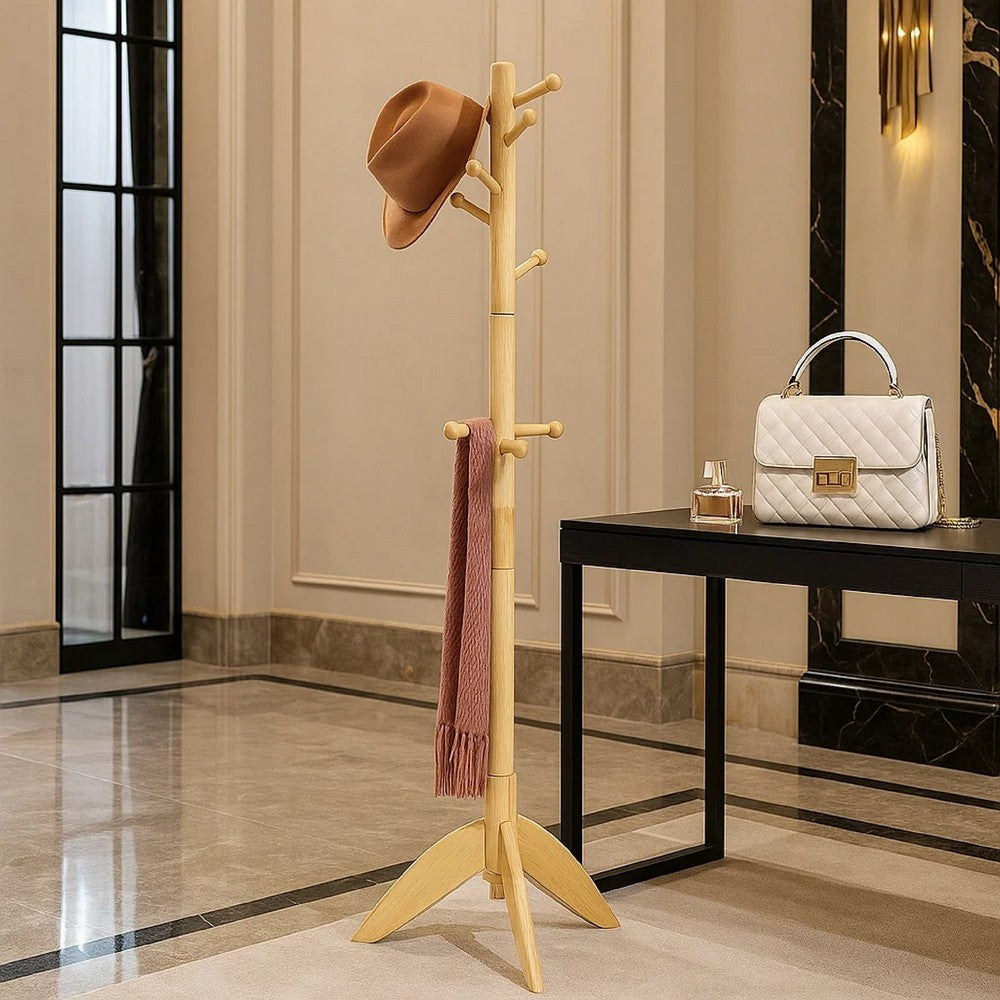 Pon 7 Tier Coat Rack w 11 Hooks and Tripod Base | 70" Natural Brown