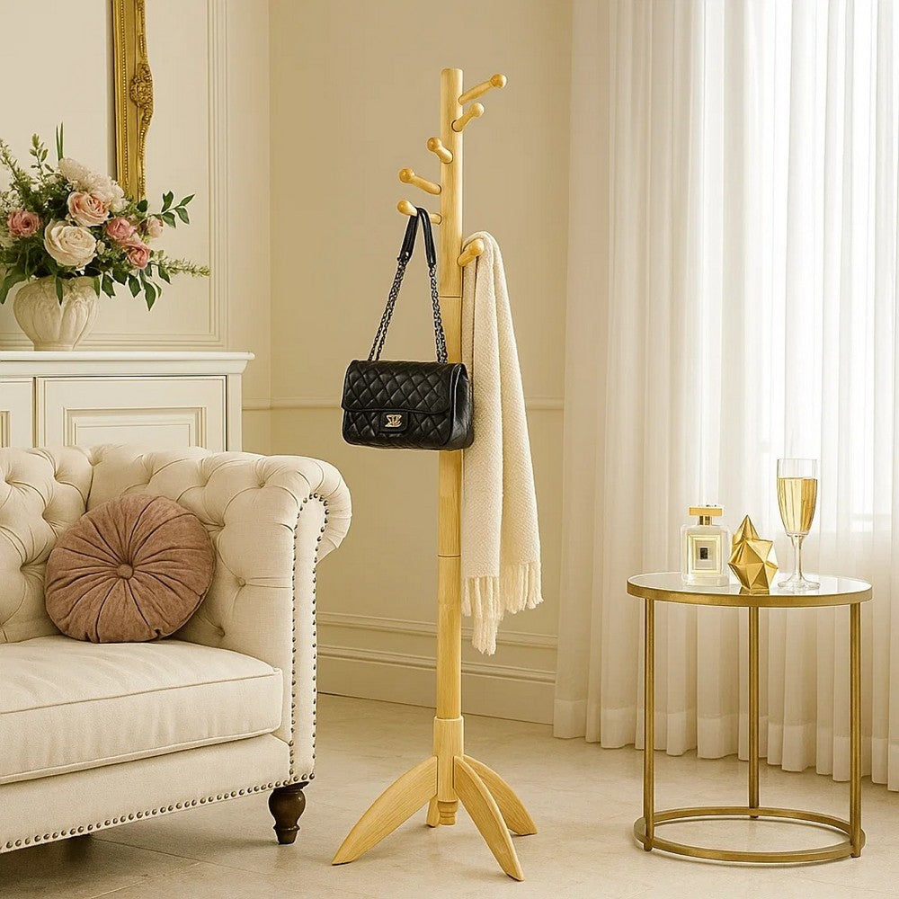 Pon 7 Tier Coat Rack w 11 Hooks and Tripod Base | 70" Natural Brown