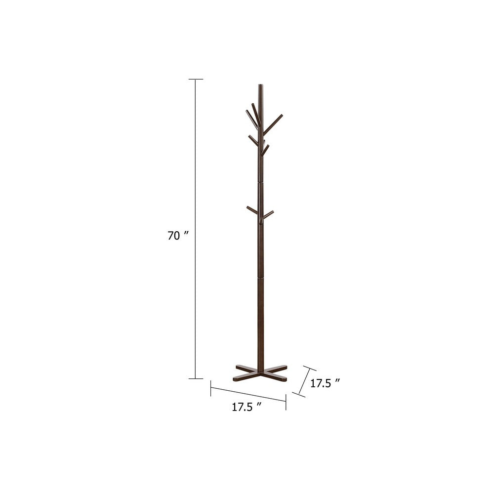 Jema 3 Tier Coat Rack | 9 Hanging Hooks | 70" Dark Brown Solid Wood