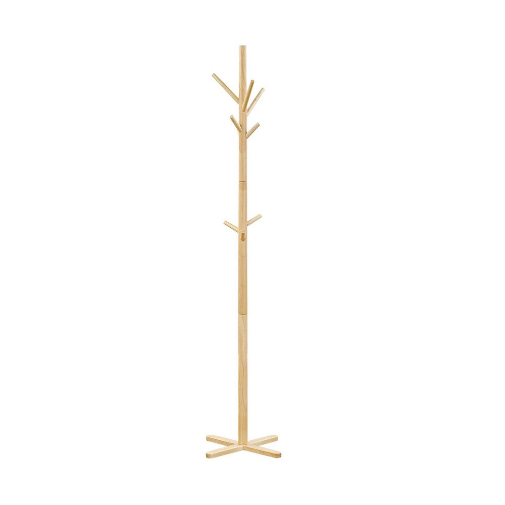 Jema 3 Tier Coat Rack | 9 Hanging Hooks | 70" Natural Brown Solid Wood