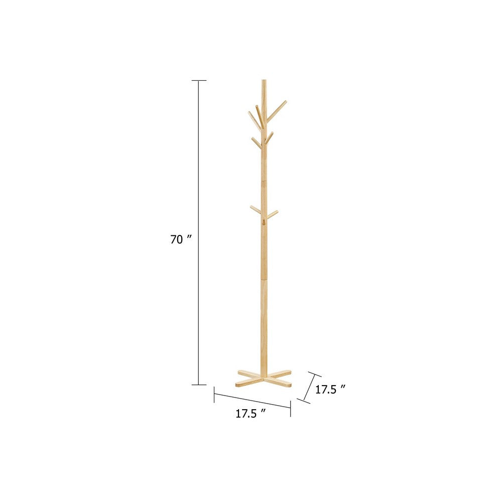 Jema 3 Tier Coat Rack | 9 Hanging Hooks | 70" Natural Brown Solid Wood