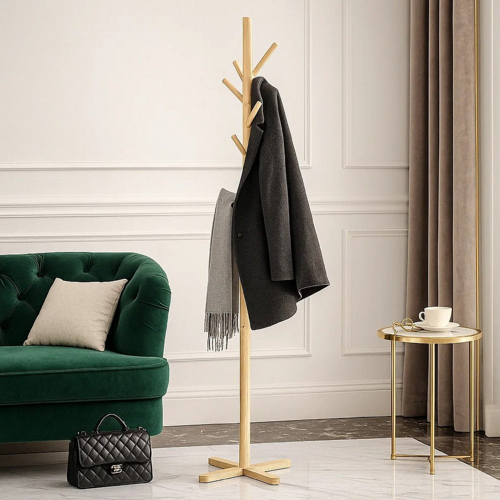Jema 3 Tier Coat Rack | 9 Hanging Hooks | 70" Natural Brown Solid Wood