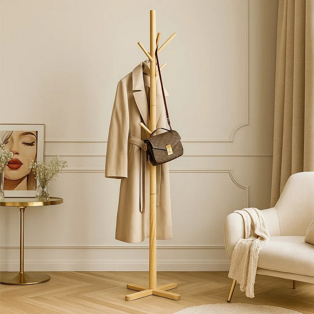 Jema 3 Tier Coat Rack | 9 Hanging Hooks | 70" Natural Brown Solid Wood