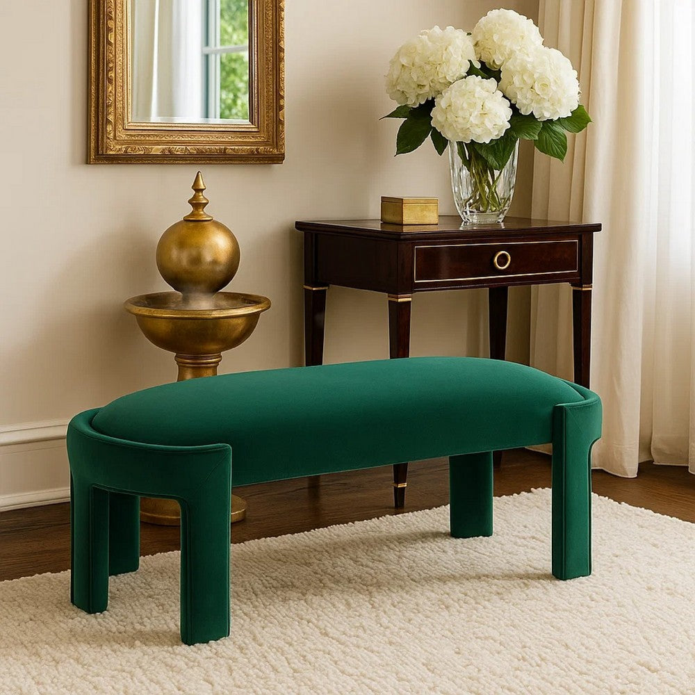 Fery Modern Bench w Curved Edges | Green Velvet Upholstery | 54"