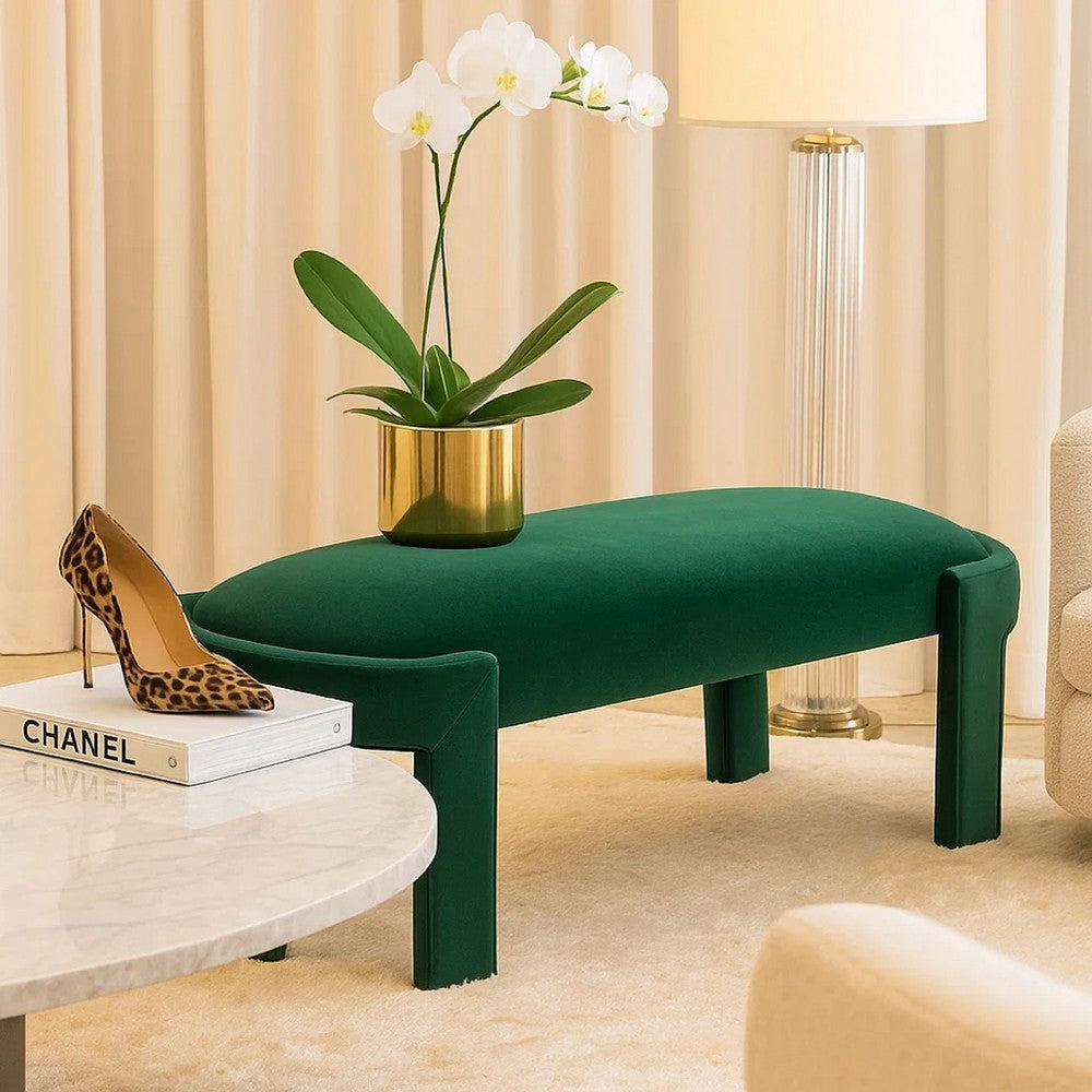 Fery Modern Bench w Curved Edges | Green Velvet Upholstery | 54"