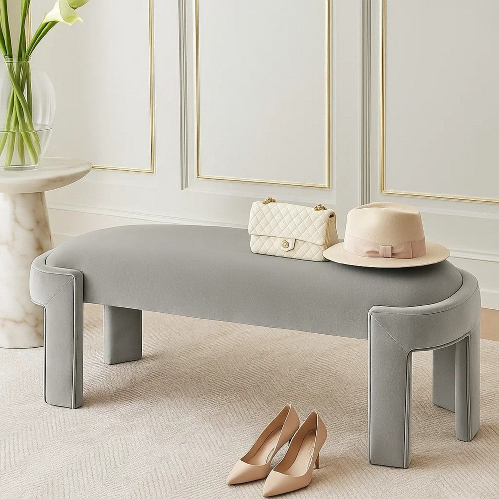 Fery Modern Bench w Curved Edges | Taupe Velvet Upholstery | 54"