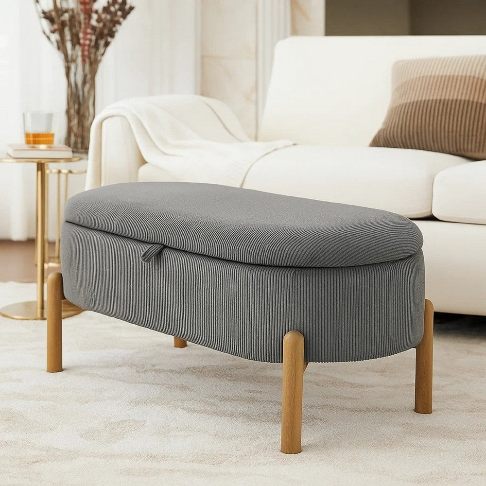 Fian Storage Bench w Lift Top | Natural Brown Legs | Gray Corduroy 42"