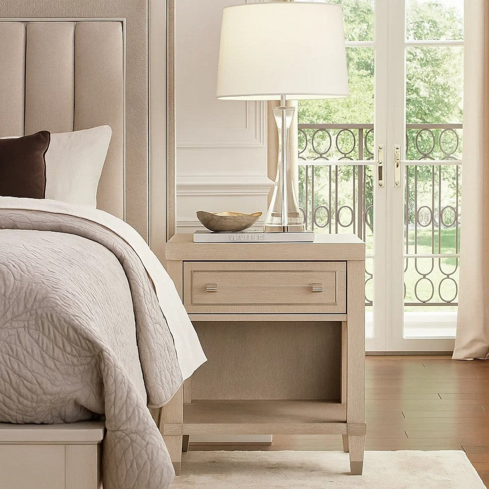 Olto Nightstand w 1 Drawer | USB Ports | Cubby Shelf | Light Oak Brown