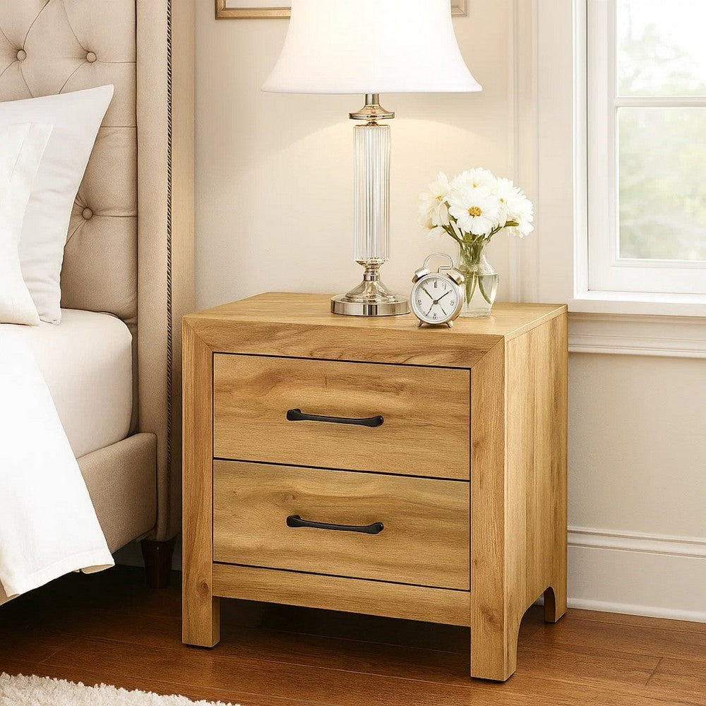 Adia Nightstand | 2 Drawer w Black Nickel Handles | Natural Brown