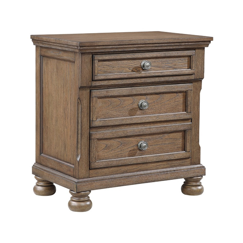 Bely Nightstand | 3 Drawers | Bun Feet | Antique Brown Sculpted Frame
