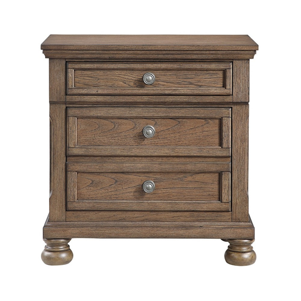 Bely Nightstand | 3 Drawers | Bun Feet | Antique Brown Sculpted Frame