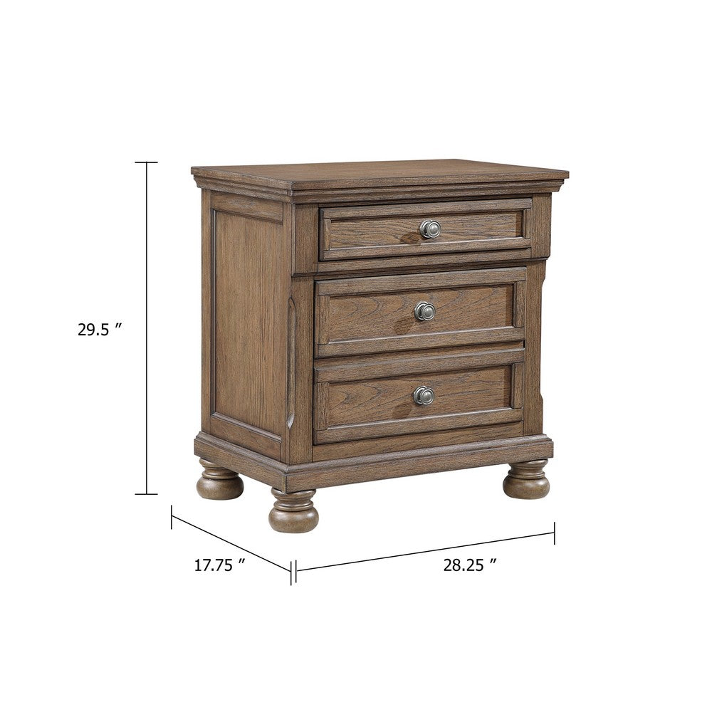 Bely Nightstand | 3 Drawers | Bun Feet | Antique Brown Sculpted Frame