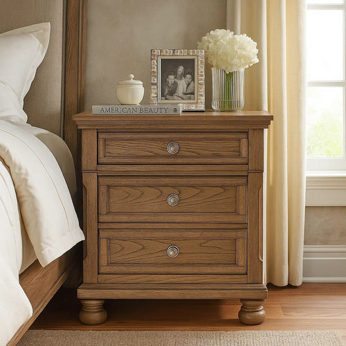 Bely Nightstand | 3 Drawers | Bun Feet | Antique Brown Sculpted Frame