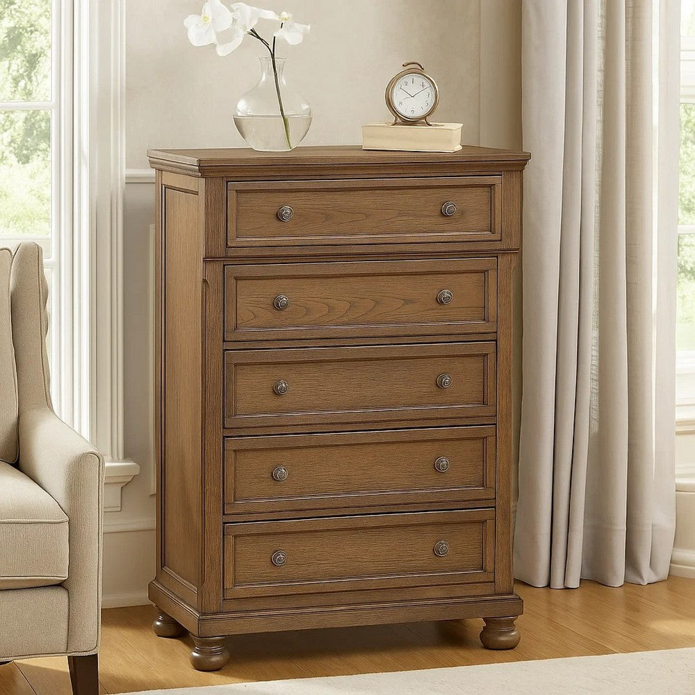 Bely Tall Dresser Chest | 5 Drawers | Antique Brown Sculpted Frame
