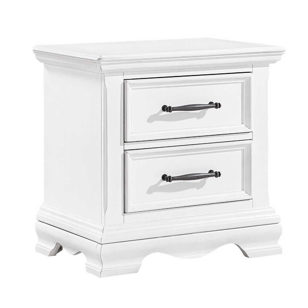 Yal Nightstand | 2 Drawers w Black Nickel Bar Handles | White Finish