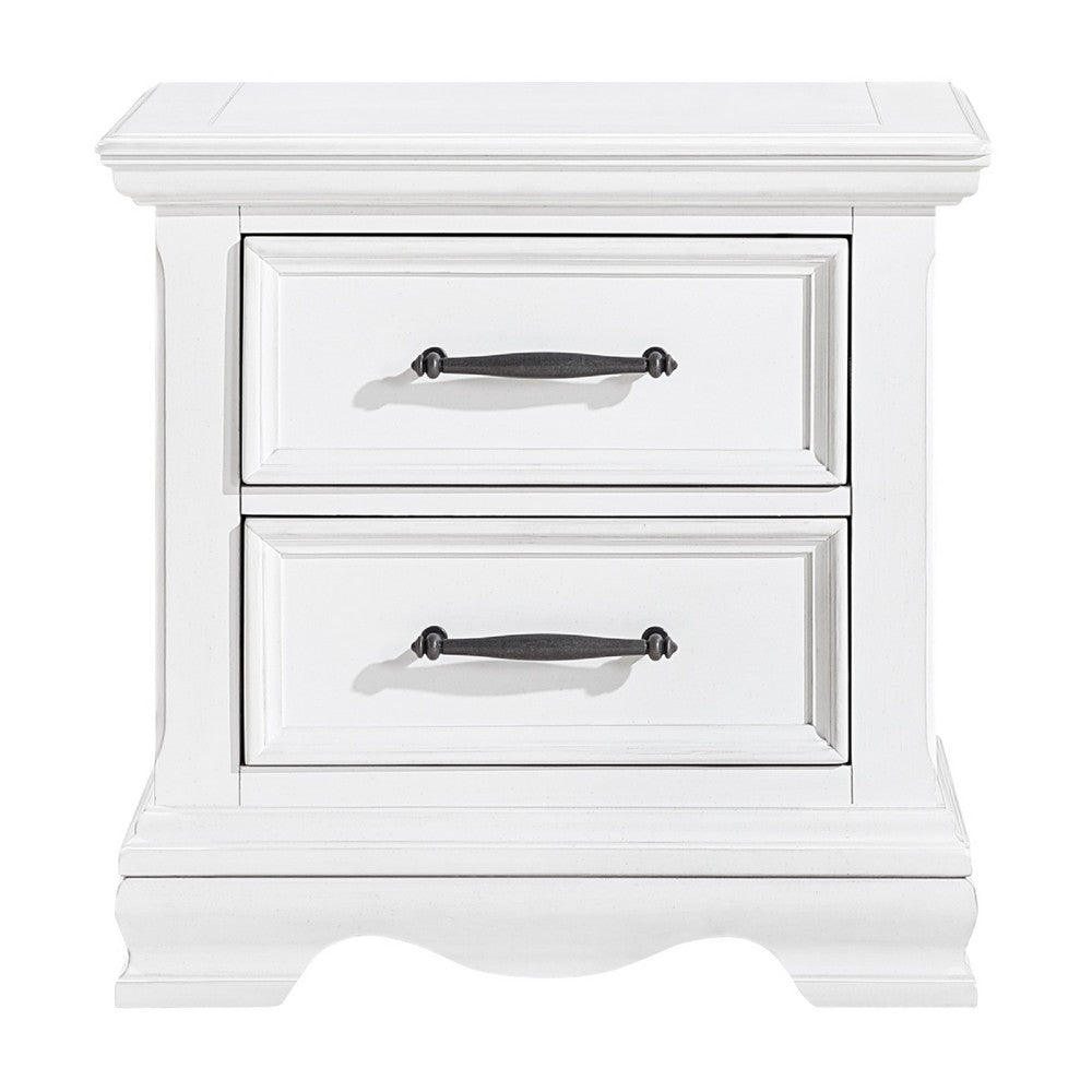 Yal Nightstand | 2 Drawers w Black Nickel Bar Handles | White Finish