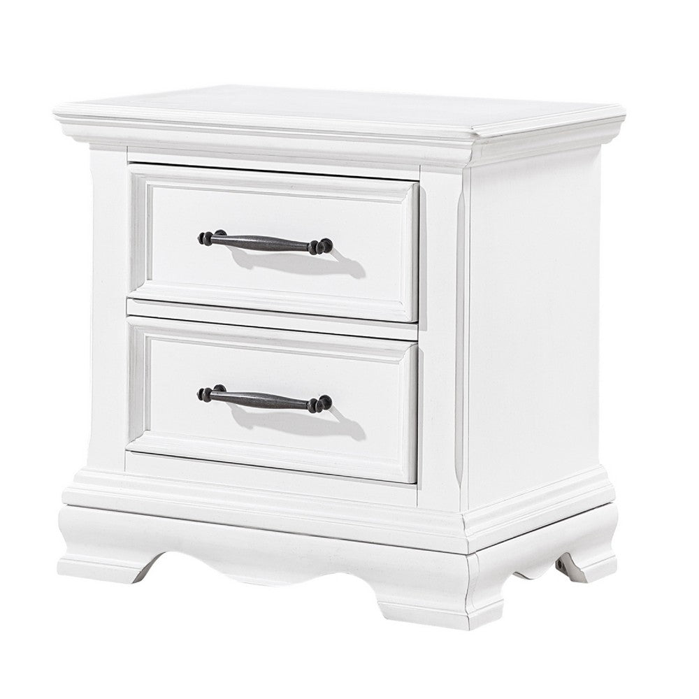 Yal Nightstand | 2 Drawers w Black Nickel Bar Handles | White Finish