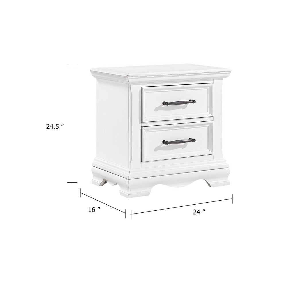 Yal Nightstand | 2 Drawers w Black Nickel Bar Handles | White Finish