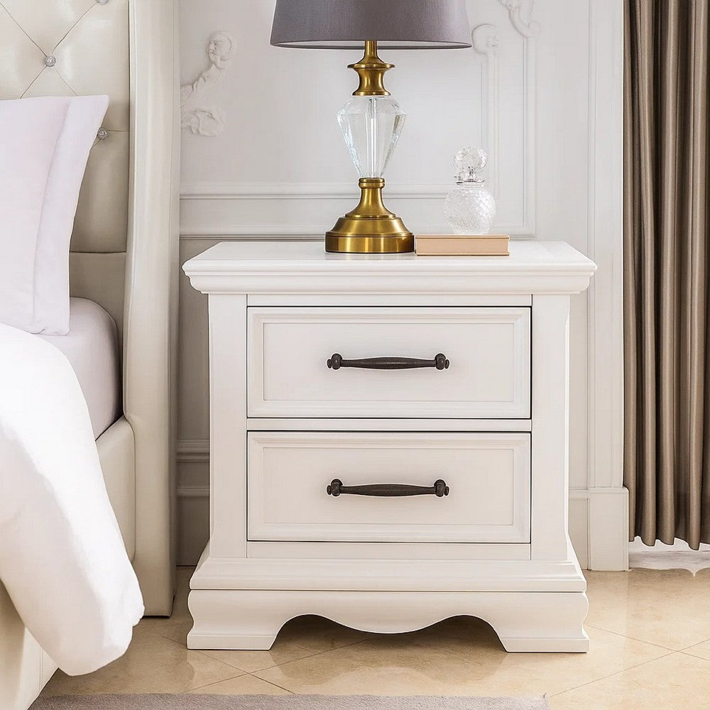 Yal Nightstand | 2 Drawers w Black Nickel Bar Handles | White Finish