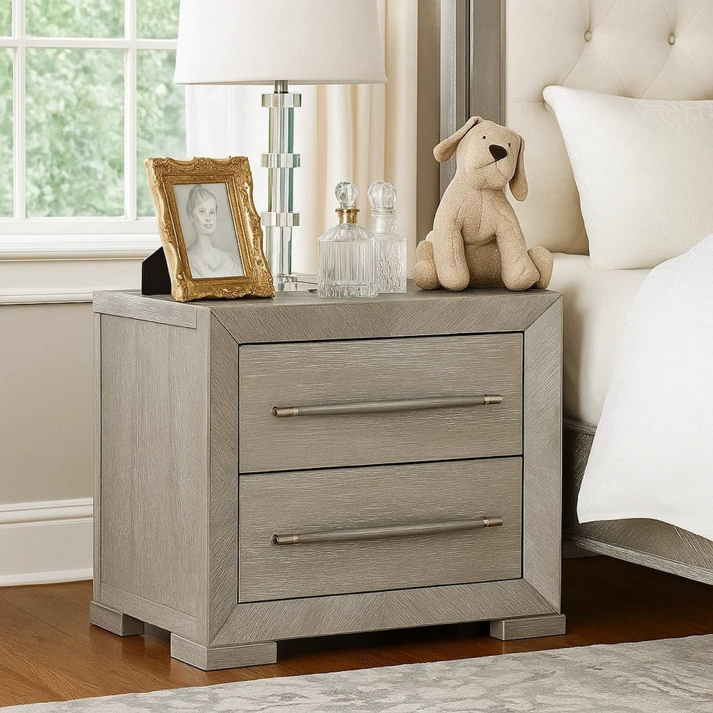 Ova Nightstand | 2 Drawer w Framed Front & Wood Accent Handles | Gray