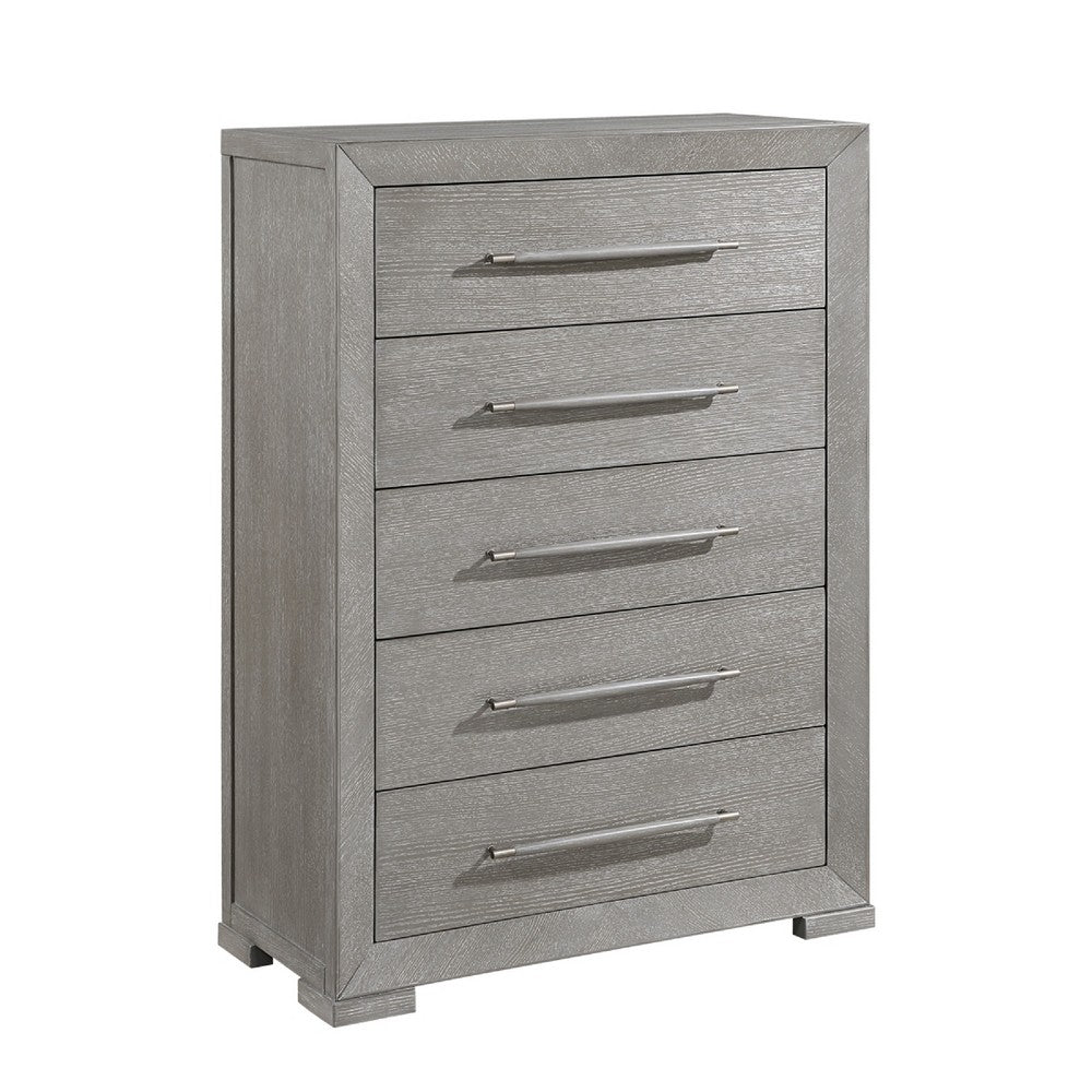 Ova Tall Dresser Chest | 5 Drawer w Wide Wood Accent Handles | Gray